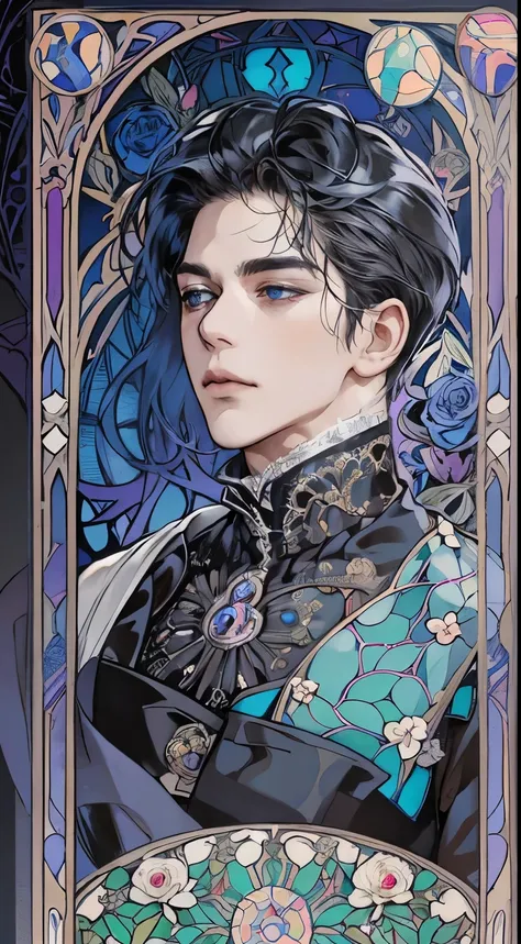 man, basic art nouveau, (((man))), a vampire man tarot card with, man, perfect face, young, (((oval face))), dark clothes, soft ...