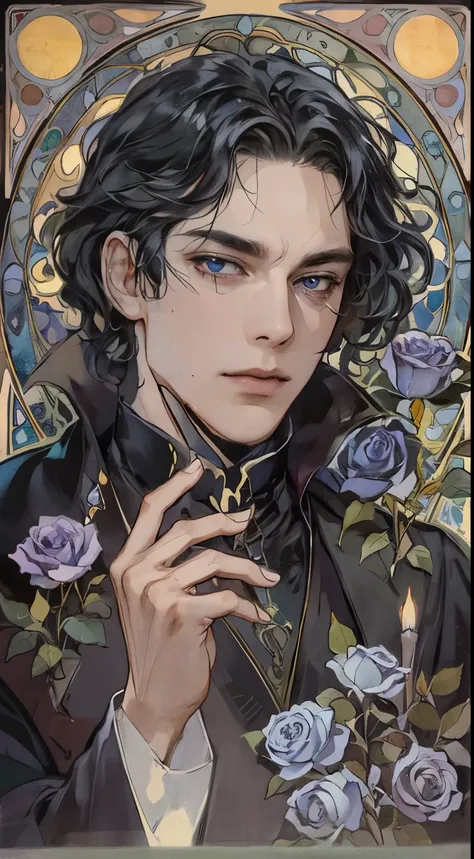 man, basic art nouveau, (((man))), a vampire man tarot card with, man, perfect face, young, (((oval face))), dark clothes, soft ...