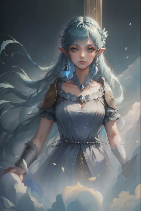 elf ears(((( 1girl, blue hair, right hand armament, // )), CGI, ((high quality:1.2, masterpiece:1.2)), absurdres, high resolution, (8k resolution), 8k, 8kres, 8k res, high details, detailed and intricate, intricate details, high intricate details, absurd a...