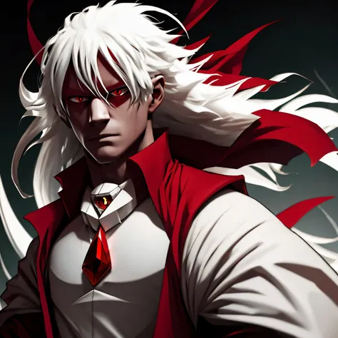 Albino man of noble looks, long white hair , red eyes and a red gemstone on his dark clothes