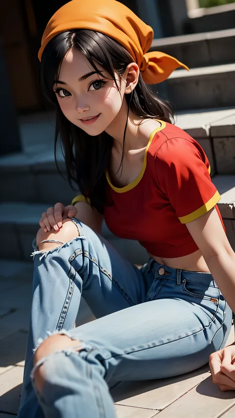 pan, 1girl, solo, smile, red shirt, jeans, bandana, black hair, sitting,, (acclaimed, alluring, captivating, exciting, gorgeous,...