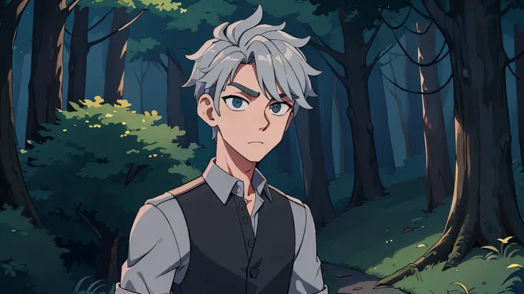 male character design, Character design, ad animation, handsome boy, grey hair, wearing Black shirt , cute, colorful, detailed, pay attention to character lines, hd, anime style, background in forest, nightmare 