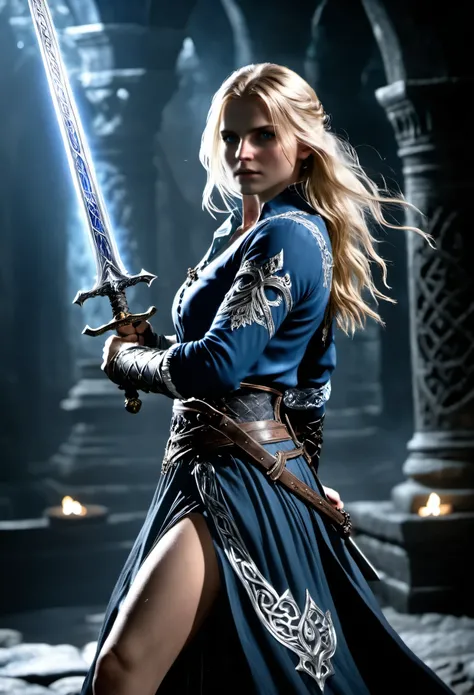 (Realisttic:1.2), Bloodborne ~ Dark Souls 3 ~ Elden Ring ~ ultra detailed, A Gorgeous blonde, dancing with the sword, in blue open shirt, black celtic pattern skirt, in dark cavern  with ice and crystals elements, action pose, holding a sword. blushing, te...