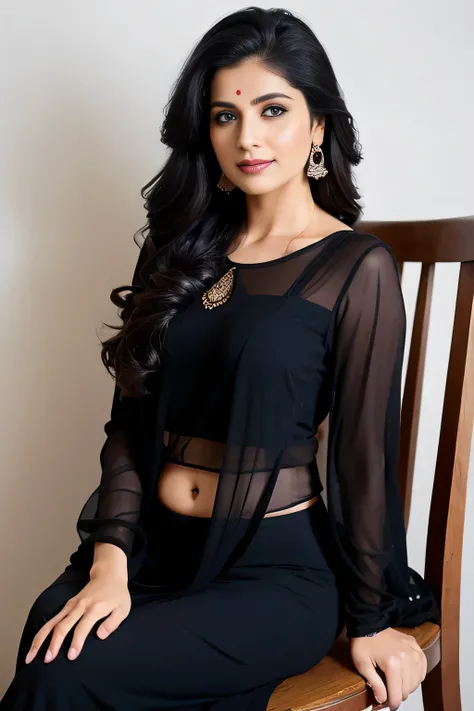 Portrait of A confident-looking indian  woman with Black Saree Black Blouse with long flowing hair, hazel eyes, with flowing capes, perfect composition, sitting on chair,without blouse naked fully from top