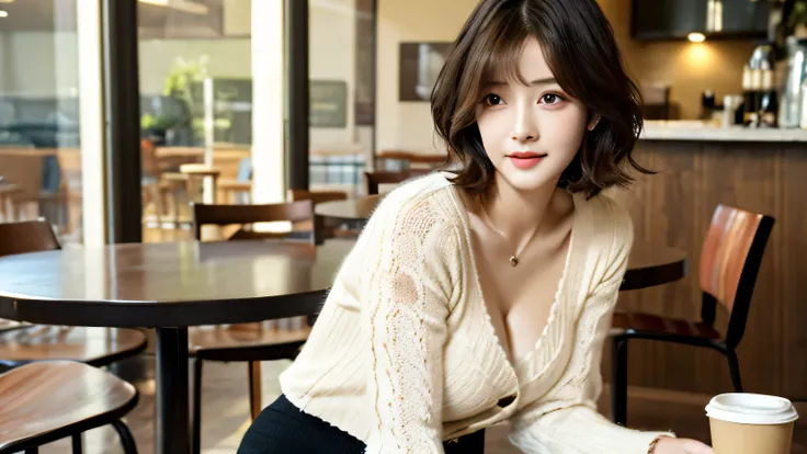 (realisitic、hight resolution:1.3)、1 girl with a perfect figure、korean girl, Super thin face and eyes、beautiful face, messy short hair、knitted clothes:1 in random color.2、Short skirt、sitting in a cafe、coffee on table 、holding a coffee, cleavage, (medium bre...