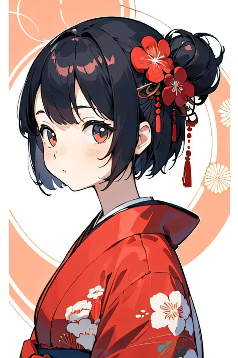 (finely best quality illustration:1.2), (kawaii girl:1.0), (1girl, solo:1.0), (black short hair:1.0), (red kimono:1.0), (upper b...