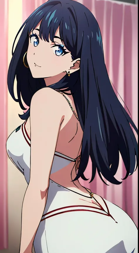 masterpiece, highest quality, High resolution,takarada rikka,anime,1 girl, black hair,blue eyes,(cabaret club,dress,Makeup,earrings,necklace,),stylish pose,looking at the viewer,in the center of the image, (lively_color:1.2) (beautiful_medium breasts:1.2),...