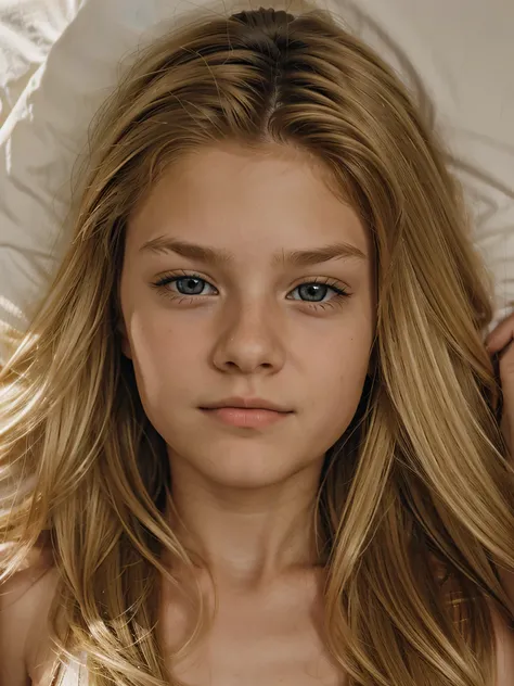 A blonde long hair 12 year old boy lying in bed face close up