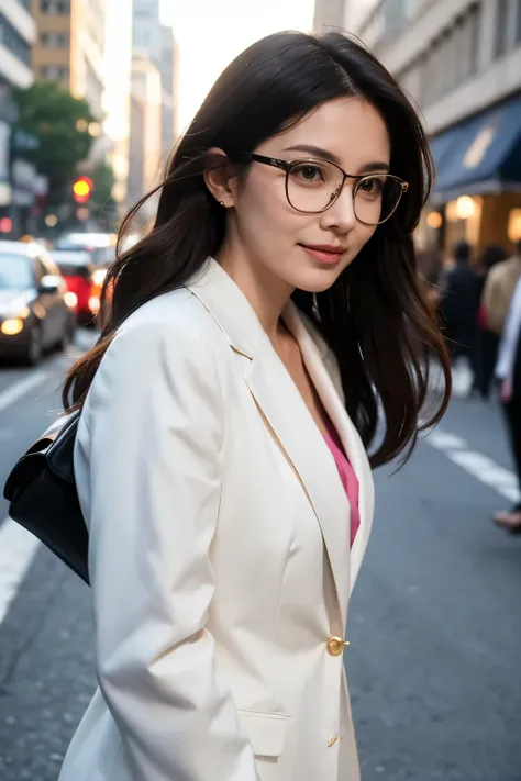 A beautiful 45 year old woman that wearing a suit and eye glasses with seductive pose in the middle of the bustling street, her presence commanding attention. Her hair falls effortlessly around her shoulders, framing a captivating smile. With an air of ele...