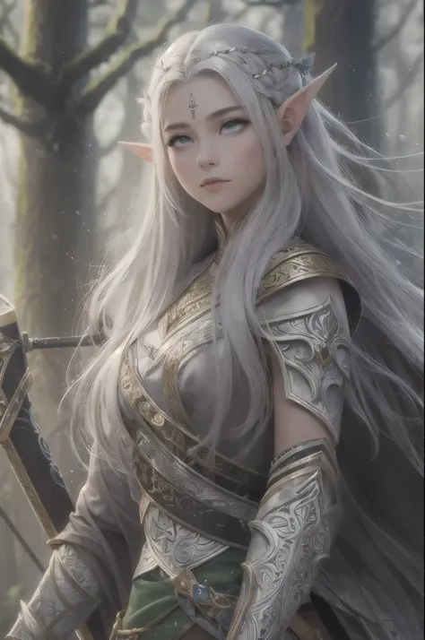 master piece), 8k, best quality, full body panoramic view, Elf, young, 17 years old With slightly flushed white skin, her long silver hair, green eyes, slim and athletic body, a height of 1.68 meters, which gave her a natural elegance, Detailed warrior out...