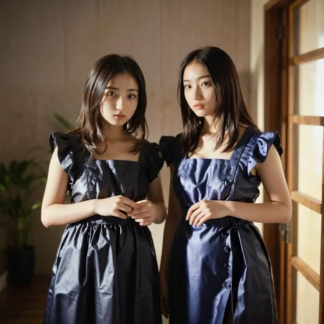 (table top, highest quality, beautiful quality), (realistic:1.4), (detailed lighting, highly detailed skin, very fine hair, shadowy, 8K, 15 years old with baby face、Identical twin sisters of girls:1.2), looking at the viewer, (high key lighting), highest q...