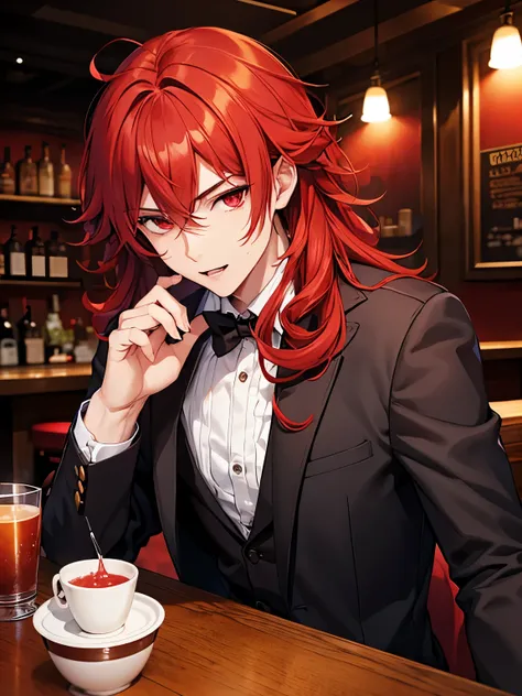 1boy,cool style,handsome,Curly hair, red hair, red eyes, shoulder length hair, vampire, handsome, vampire clothes, drinking alcohol at the bar, close up photo