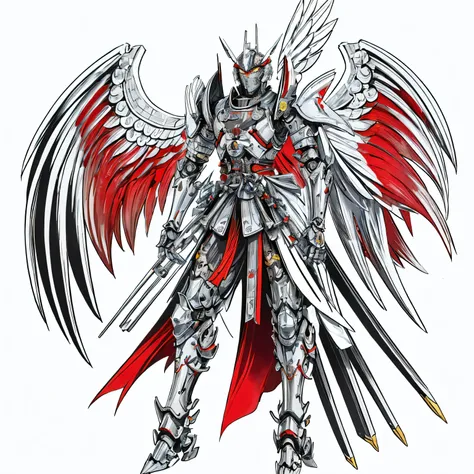 A futuristic robotic Samurai armor with silver mechanical falcon wings with gold details on the wrists, and look at mechanical reds, mais realista 