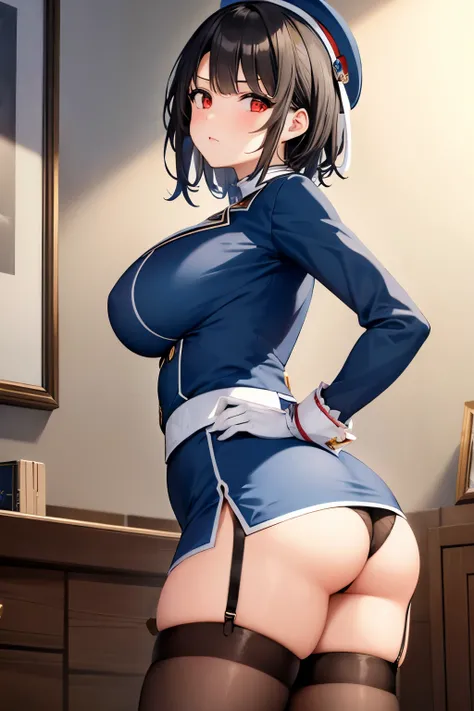 (masterpiece, best quality:1.2),illustration,8k,hd,1girl,solo,upper body,(portrait:1.2),takao (kancolle),black hair,red eyes,short hair,large breasts,long sleeves,hat,black gloves,black thighhighs,miniskirt,blue skirt,military uniform,beret,garter straps,b...