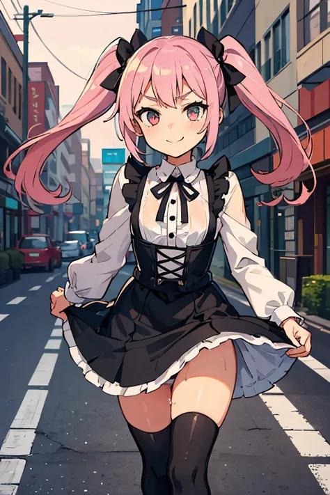 Girl with pink hair, long twin-tail hairstyle, small bushy eyebrows, wearing gothic lolita clothing, lolicon (Zankuro) drawing style by zankuro artist, Zancrow style, image uploaded to R34, walking to school, flirty smile, suddenly having sex in public, do...