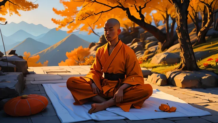 photo of a shaolin monk meditating in the Chinese mountains, the monk is wearing a traditional orange shaolin robe, he is meditating on the floor, image with bright and striking colors, in the image flowers fall from the sky, there are rays of sun