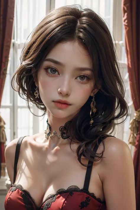 ((best quality)), ((masterpiece)), (detailed), perfect face, 1 woman wearing a dress,  Photo zone with red or violet colored curtains, detailed dress,