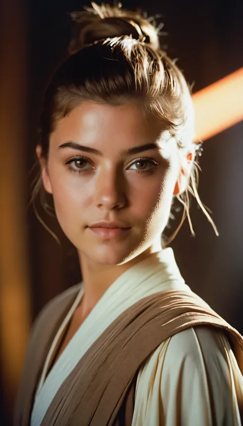 analog film photo, photo of a young padawan girl, 18 years-old, (jedi tunic:1.1), brown eyes, messy ponytail, light-brown sun-tanned skin, pretty, natural beauty, resembles a young Mary Elizabeth Winstead, cyberpunk cityscape, lightsaber, RAW Photograph, d...