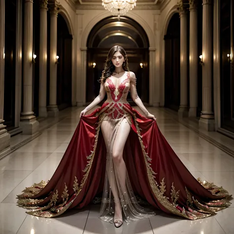 a woman in a red dress posing for a picture in a courtyard, a picture by Emma Andijewska, tumblr, tachisme, sexy gown, opened dress, wearing an elegant dress, fantasy long intricate gown, sexy dress, dressed beautiful gown, red gown, wearing a magnificent ...