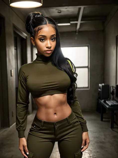 Foto hiperrealista en primer plano de Cardi B, masterpiece, best quality, (photorealistic:1.4), full body, (military clothes:1.1), black long sophisticated hair in a high bun, professionally posing in a military base, neons, cinematic light, beautiful woma...