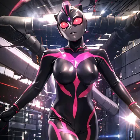 Ultraman Woman, （High quality）（The sheen）Covering her naked face with a black mask, Female Solo, Alien eyes shine。The whole body is covered with a black bodysuit, One female protagonist, Pink lines all over the body, Dark background,