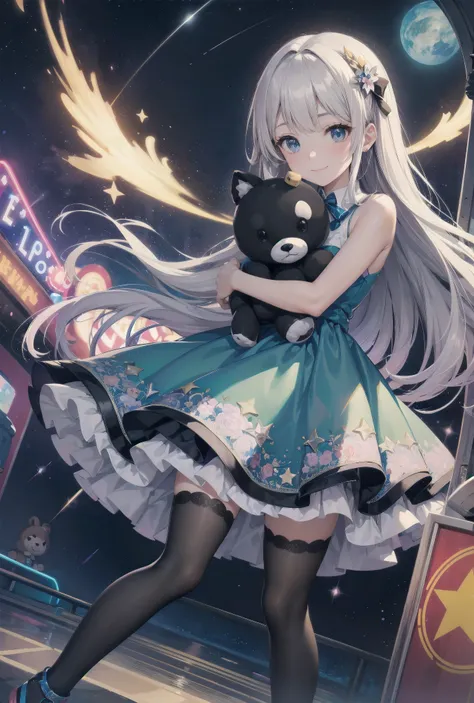 A girl hugging a stuffed animal in a space amusement park:.Amidst the colorful lights and stars of a space amusement park, a young girl holds a large stuffed animal in her arms. She is dressed in a dreamy blue dress decorated with lace and ribbons in the s...