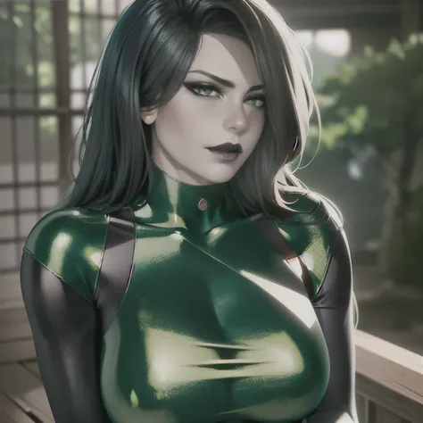 1girl, portrait of beautiful shegolady, green and black bodysuit, sexy smirk, blush, black lips, outdoors, volumetric lighting, best quality, masterpiece, intricate details, tonemapping, sharp focus, hyper detailed, trending on Artstation, realistic 