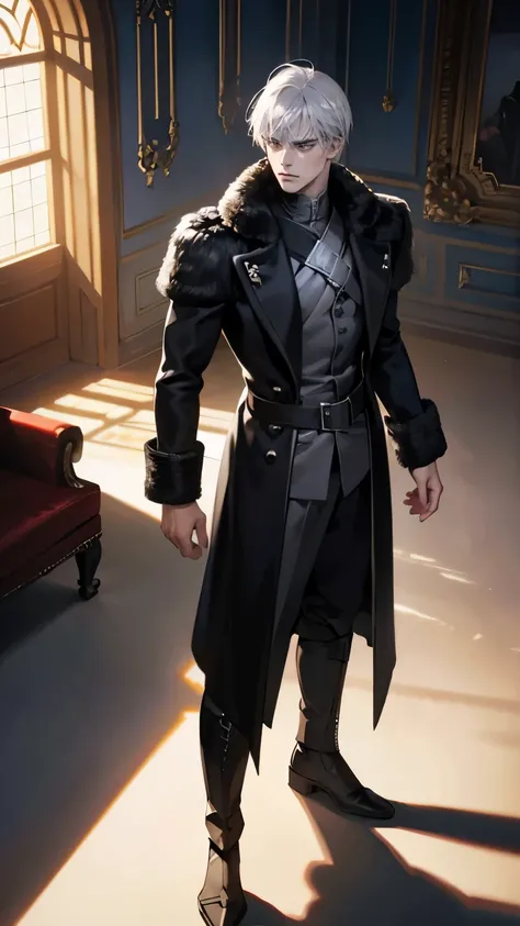 30 years old man, Eyes looking to camera, Perfect male body, epic character, (mercenary, Tall and strong,silver hair,Frown, black coat,stand in castle),dramatic shadow, Ray Tracing,(masterpiece, high resolution, perfect eyes, ultra - detailed:1.0)