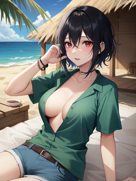 1girl, solo, mature female, vampire, (pale skin:0.8), red eyes, black hair, (wavy hair:0.1), messy hair, short hair, hair between eyes, wolfcut, pixie cut, makeup, punk, emo, breasts, green tropical shirt, bracelets, no bra, blue shorts, beach, palm tree, ...