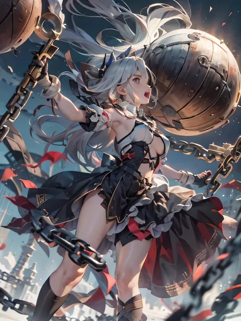 High-quality fantasy photos、A beautiful servant sways frailly on the spikes of an iron ball connected to a chain.、She is blowing away and fighting evil monsters、abstract art、Waifu Anime Style、critical attack、screaming face