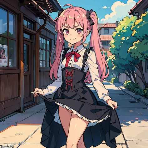 Girl with pink hair, long twin-tail hairstyle, small bushy eyebrows, wearing gothic lolita clothing, lolicon (Zankuro) drawing style by zankuro artist, Zancrow style, image uploaded to R34, walking to school, flirty smile, suddenly having sex in public