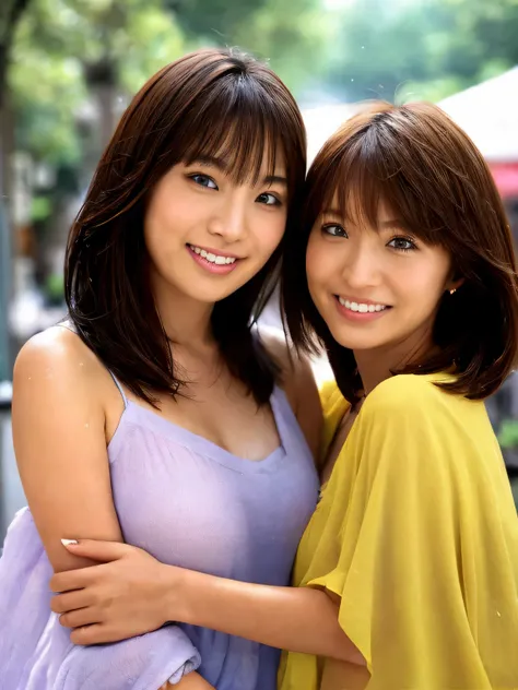 ((highest quality、8K、masterpiece:1.3))、focus:1.2、Identical twin sisters hugging、perfect body beauty:1.4、butt:1.2、((layered haircut、chest:1.2))、(wet clothes:1.1)、(rain、Street style:1.3)、bandeau dress:1.1、Highly detailed face and skin texture、narrow eyes、dou...