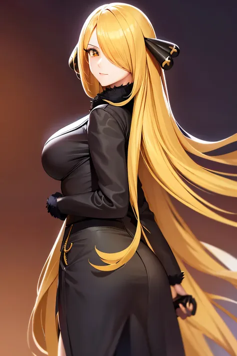 pokemoncynthia, pokemoncynthia, blonde hair, hair ornament, (hair over one eye:1.5), long hair, (yellow eyes:1.5), smile, BREAK black coat, black pants, black shirt, coat, fur collar, fur trim, fur-trimmed sleeves, pants, shirt, BREAK looking at viewer, up...