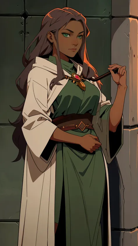 Human female, simple gray robe, left hand held up, green eyes, dark gray skin, long copper hair, dungeons and dragons, bust (1.0)