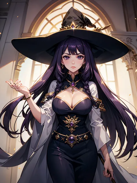 Sorceress woman with extremely long bright purple hair wearing a large and long black dress Giant sorceress hat looks serious arrogant woman in her 30s high quality masterpiece supreme sorceress unknown technology holding a supreme staff tall woman 