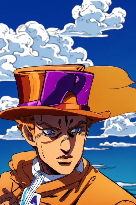 mostly shirtless, orange outfitted redheaded high-schooler in a bright orange top hat, willy-wonka-core, in Yellowstone national park, is a young gene wilder in jojo art style