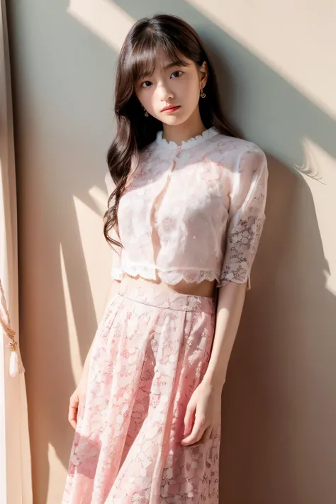 (masterpiece, best quality:1.2), (raw photo),(film gain:0.7),
(beautiful 14yo Japanese girl),
BREAK White floral lace blouse, pink flower detailed design long skirt,
(dynamic lighting), (Dapped sunlight:0.8),