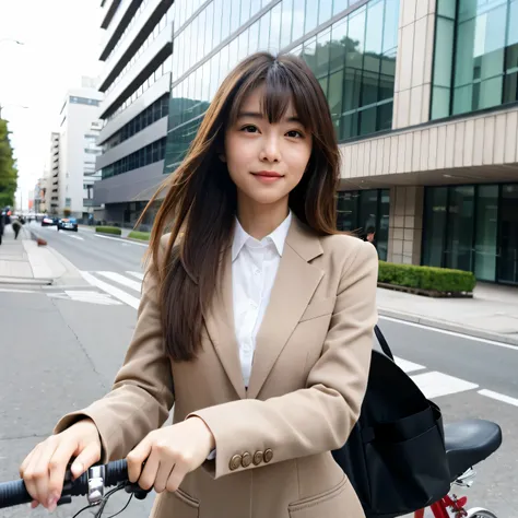 ((highest quality)), ((masterpiece)), (be familiar with), perfect face,A photorealistic image of a beautiful young woman in a recruit suit straddling a road bike in front of an office building. She has a medium layered hairstyle with bangs, and her hair is...