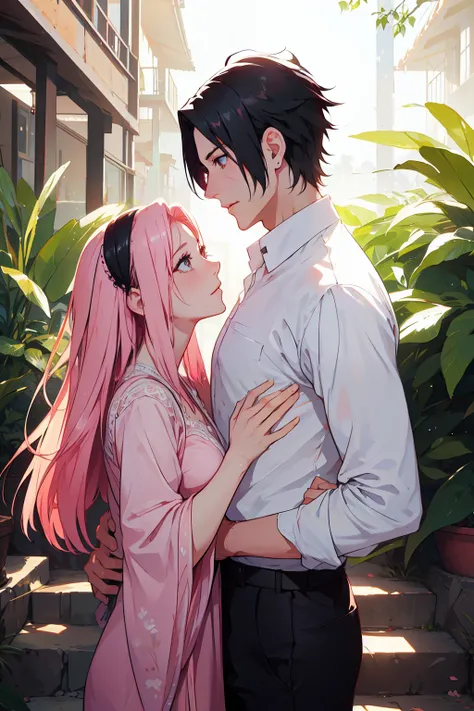 Sasusaku The couple in the photo are deeply in love and lost in the moment. Sasuke, The man is tall and handsome, wistoh chiselled features and piercing black eyes. He has a confident and charismatic demeanor, And his love for the woman is evident in the w...