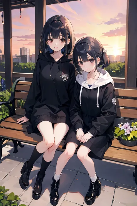 Female Duo、sitting side by side on a bench、sunset、garden、cute、
black hoodie dress、platform boots、2-high socks、