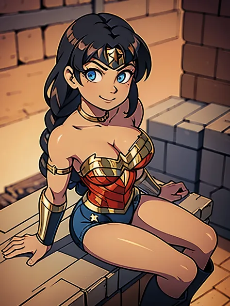 wonder woman,3d,alternate hairstyle,black hair,blue eyes,boots,braid,brown skin,exposed breasts,gauntlets,gold (metal),looking a...