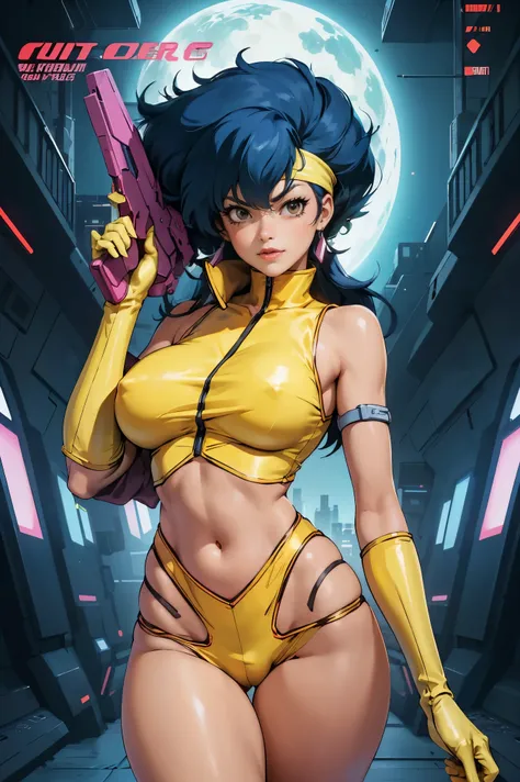 Yuri from The Dirty Pair, , wearing a tight outfit, skimpy, medium breast, long hair, dark blue hair, beauty, cyberpunk city background, holding retro space-gun, slim waist, slim thighs, thigh gap, yellow uniform, show belly