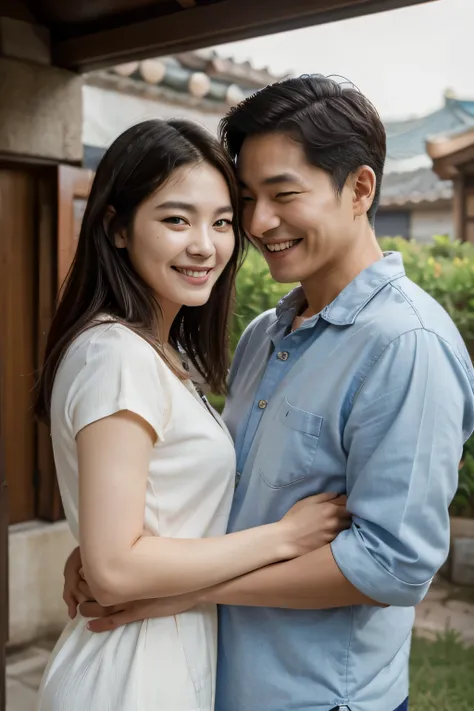 Neat style, couple, korean, Highest Quality ,masterpiece, Image of someone in their 40s, couple, smiling happily, Looking at each other and smiling