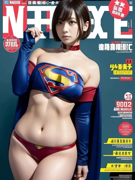 masterpiece、supergirl costume、short hair、enamel boots、big and full breasts、standing posture、model body shape、shiny、long sleeve、looking at camera、choker、red mini skirt、Weekly magazine cover、gravure magazine、sweaty、whole body、from right in front、Crisis situa...