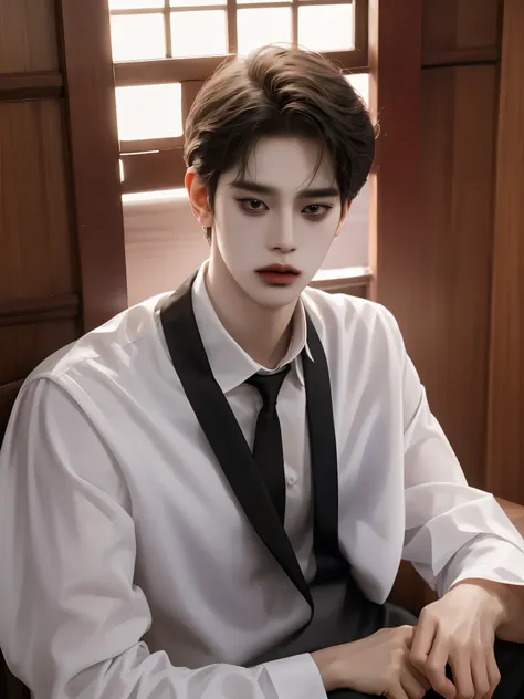 Un primer plano de un hombre con una camisa negra y una corbata, kim doyoung, jinyoung shin, young pale angel, hyung tae, inspirado en Bian Shoumin, yanjun chengt, pale korean adorable face, kim taejin, diez lee, Cai Xu Kun, SFW, Shin Jeongho, jia, foto de...