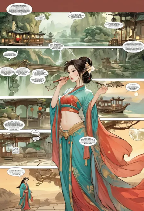 comic storyboard:1.8, comic strip_layout,chinese woman，the beautiful，costume dress，edgbunny，full moon, 32k ，hyper hd, ， anatomy ...