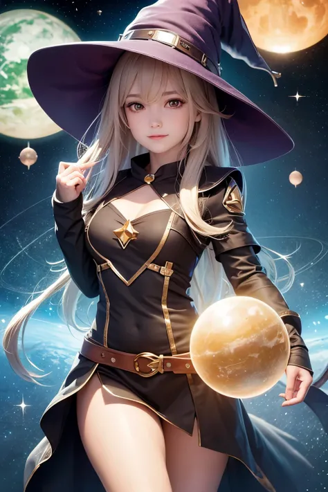 highest quality, High resolution, 1 girl, goblin, witch hat, floating in space, Energy sphere, particles of light, shiny hair, shining star, fantasy,