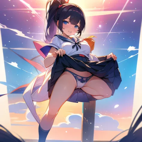 ((Japanese high school uniform)),Wear a short pleated skirt 、Silk panties sticking out、panty shot、focus on panties、soft skin body、ponytail, japanese girl, 8K, huge breasts,full body shot、 highest quality, masterpiece, realistic, Photorealistic super detail...