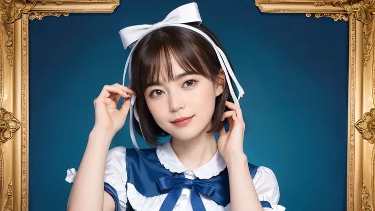 188 (alice in wonderland), (wears a big ribbon on his head), short hair, young woman, gentle smile