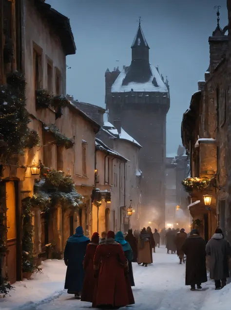 medieval city, winter, evening, city patrol, snowing, people walking, visible castle